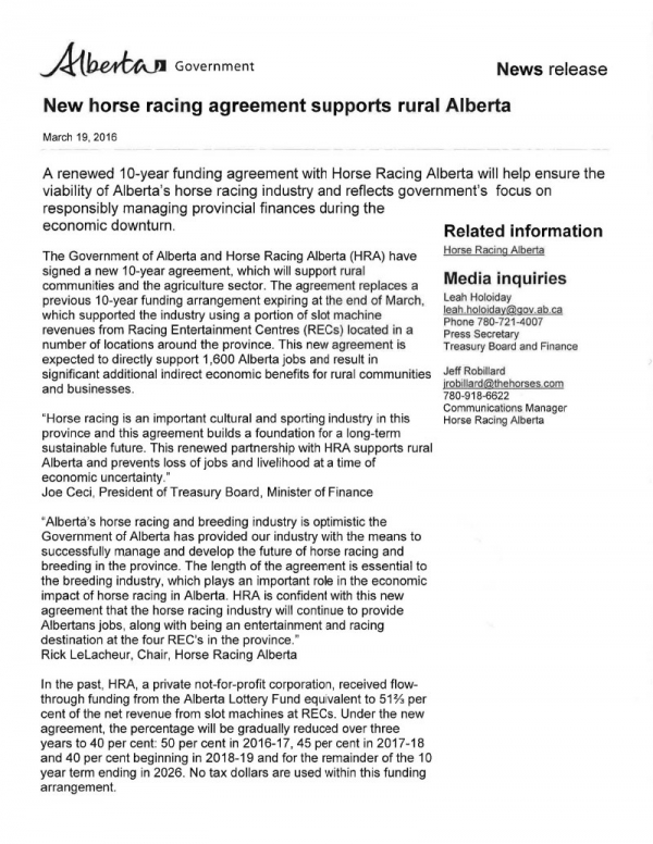 New horse racing agreement supports rural Alberta