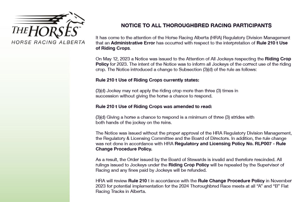NOTICE - To All Thoroughbred Racing Participants