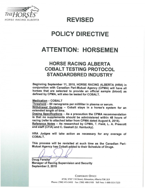 Revised Policy Directive - Cobalt Testing Protocol