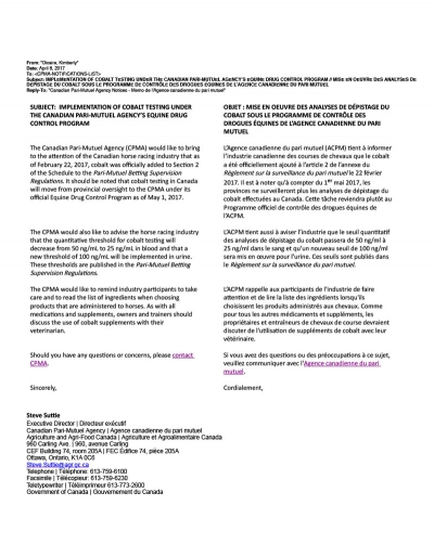 Implementation of Cobalt Testing under the Canadian Pari-Mutuel Agency’s Equine Drug Control Program