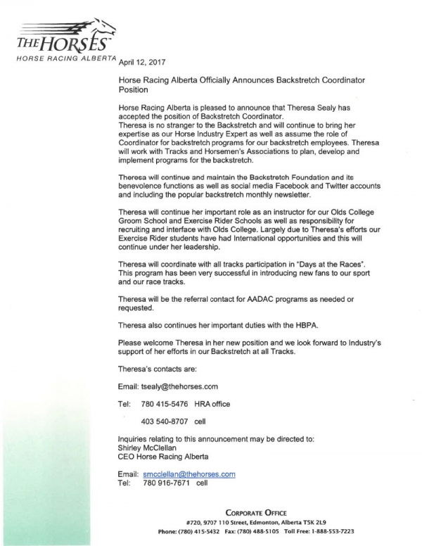 Horse Racing Alberta officially announces Backstretch Coordinator Position