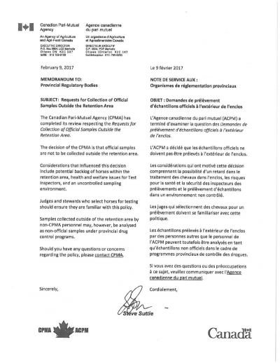 Requests for Collection of Official Samples Outside the Retention Area