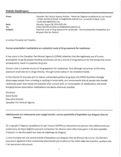 CPMA Notice - Human prescription medications as a potential route of drug exposure for racehorses