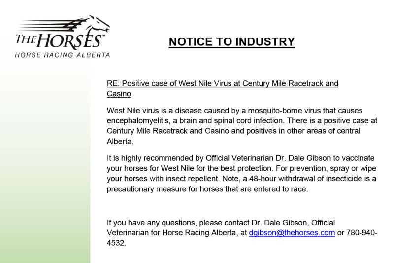 Notice to Industy: Positive Case of West Nile, Century Mile