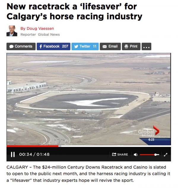 Aerial shot of the racetrack and grandstand at Century Downs, located near the CrossIron Mills mall in Balzac, Alberta 