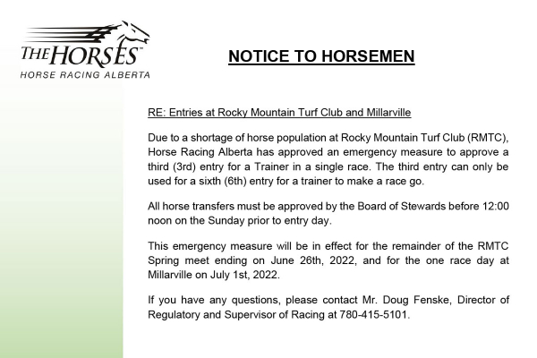 Notice to Horsemen - Re: Entries at Rocky Mountain Turf Club and Millarville