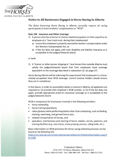 Notice to All Businesses Engaged in Horse Racing In Alberta